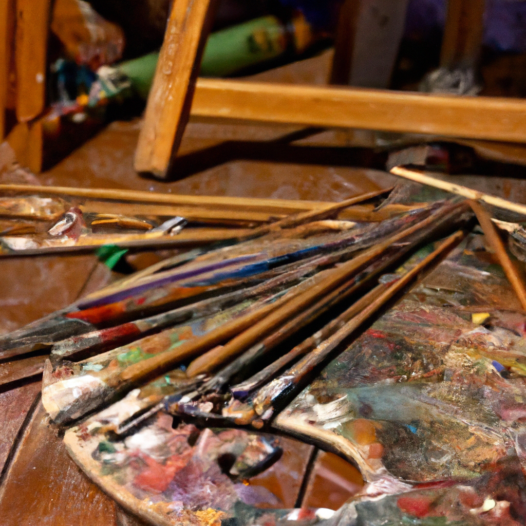 Cozy art studio with oil paints, palette and brushes on a wooden table in warm light