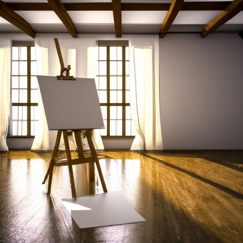Sunlit gallery space with an easel and blank canvas, clean interior